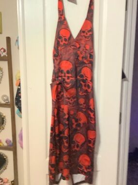 Source Unknown Red and Black Backless Skull Print Dress
